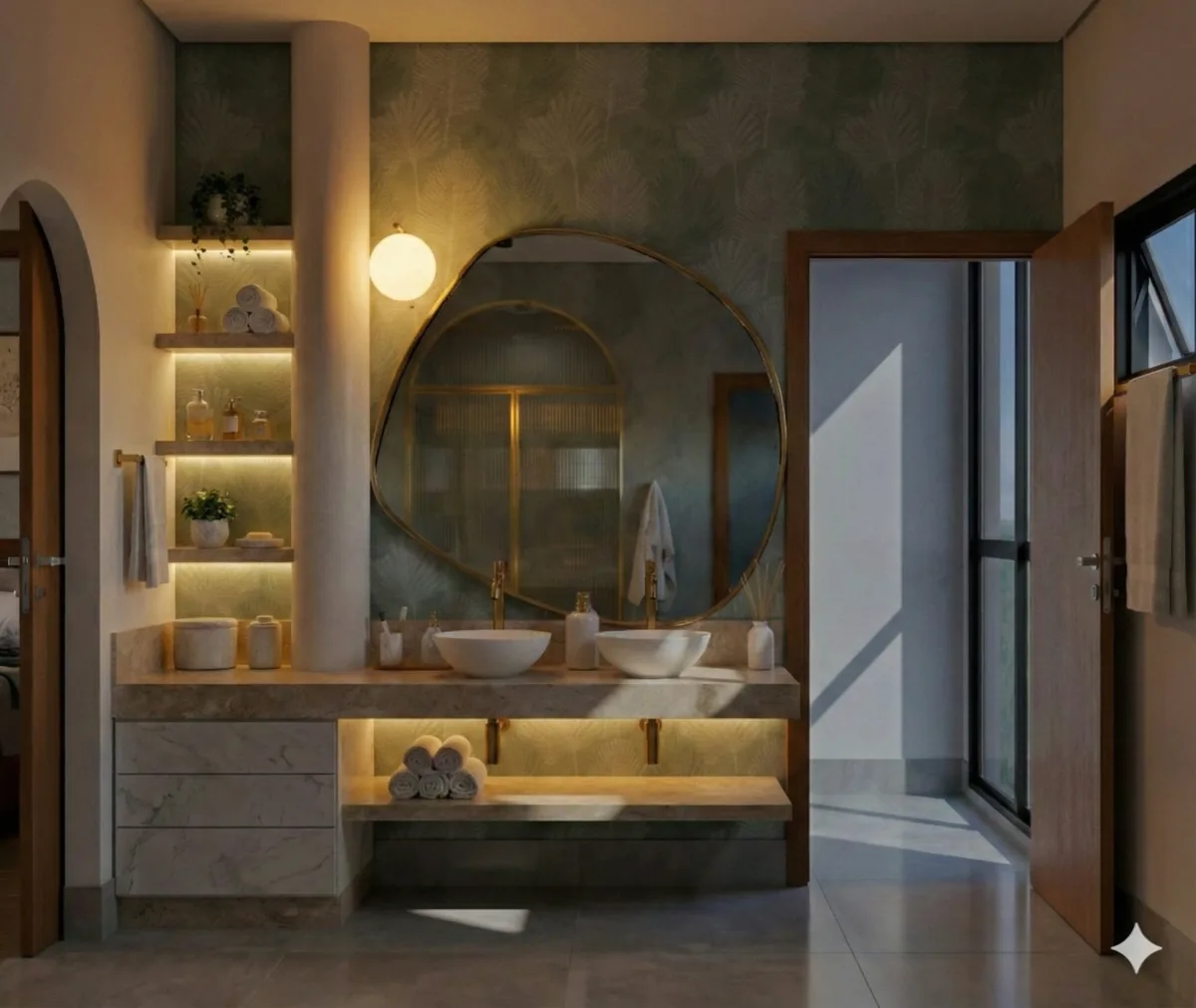 Apartamento A&S — Banheiro da suíte com espelho circular retroiluminado