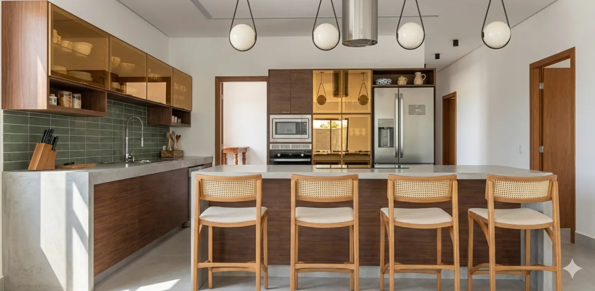 Apartamento A&S — A mesma cozinha em luz natural, com revestimento verde ao fundo