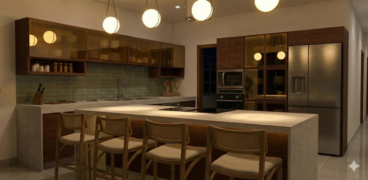 Apartamento A&S — Cozinha com marcenaria em madeira escura e iluminação embutida nos nichos