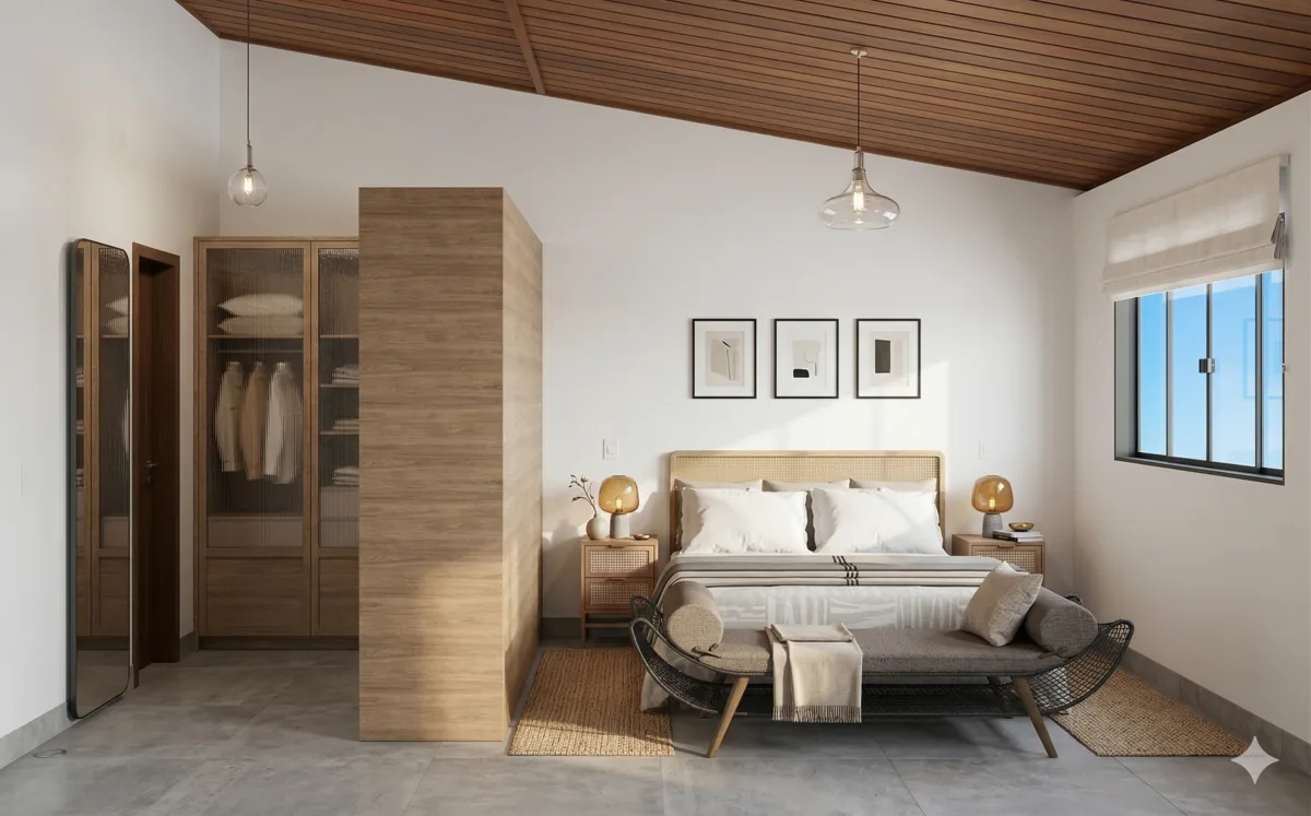 Casa J56 — Suíte principal com painel de madeira