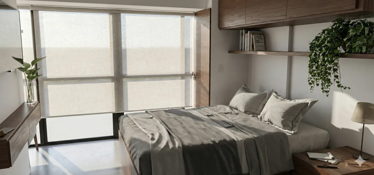 Flat 105 Noroeste — Dormitório com persiana rolô e luz difusa
