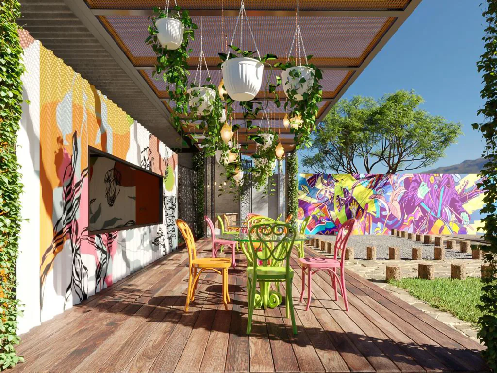 Orangotango São Jorge — Deck coberto com arte mural e vegetação pendente