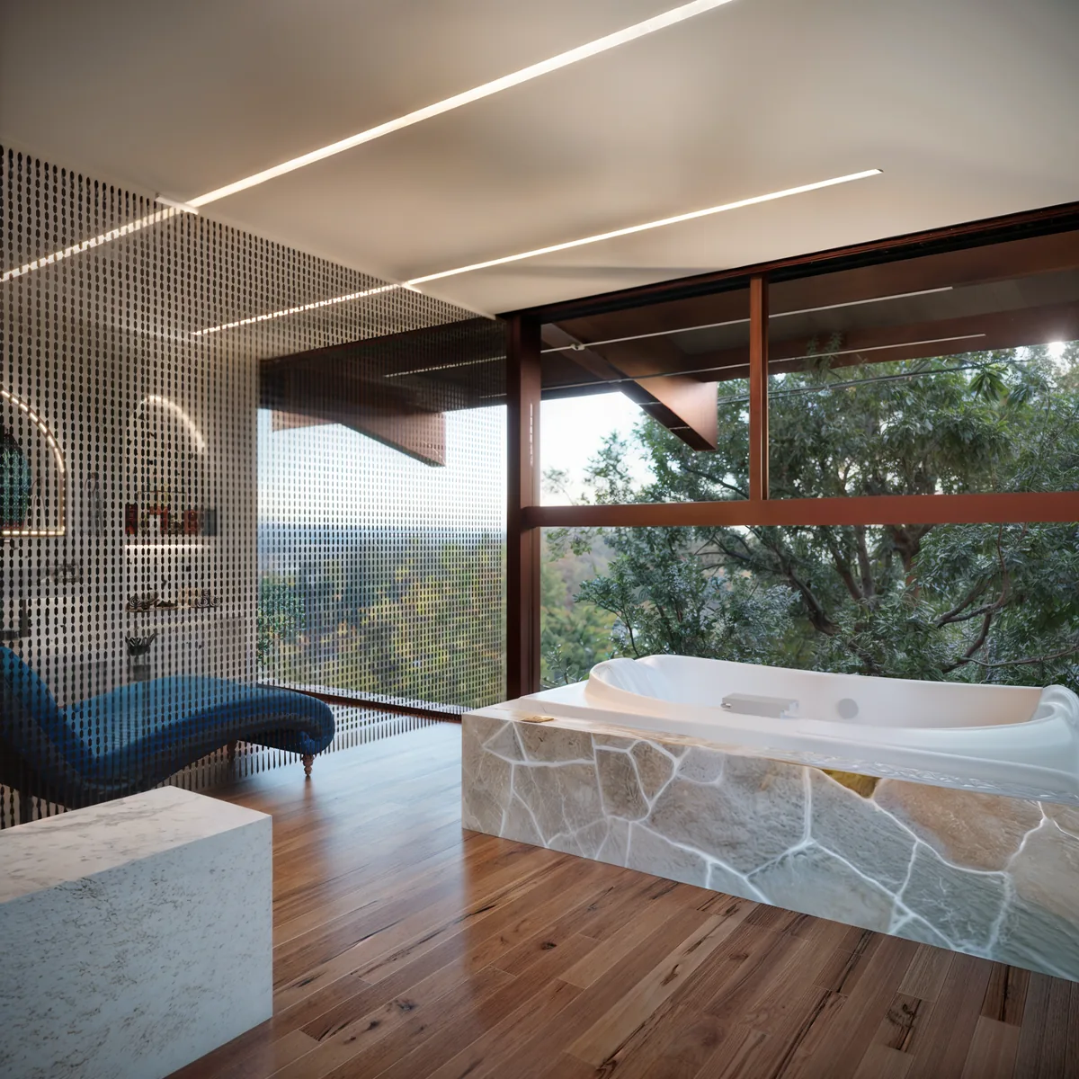Soul Spa — Banheira de pedra no deck, sob a curva da cobertura