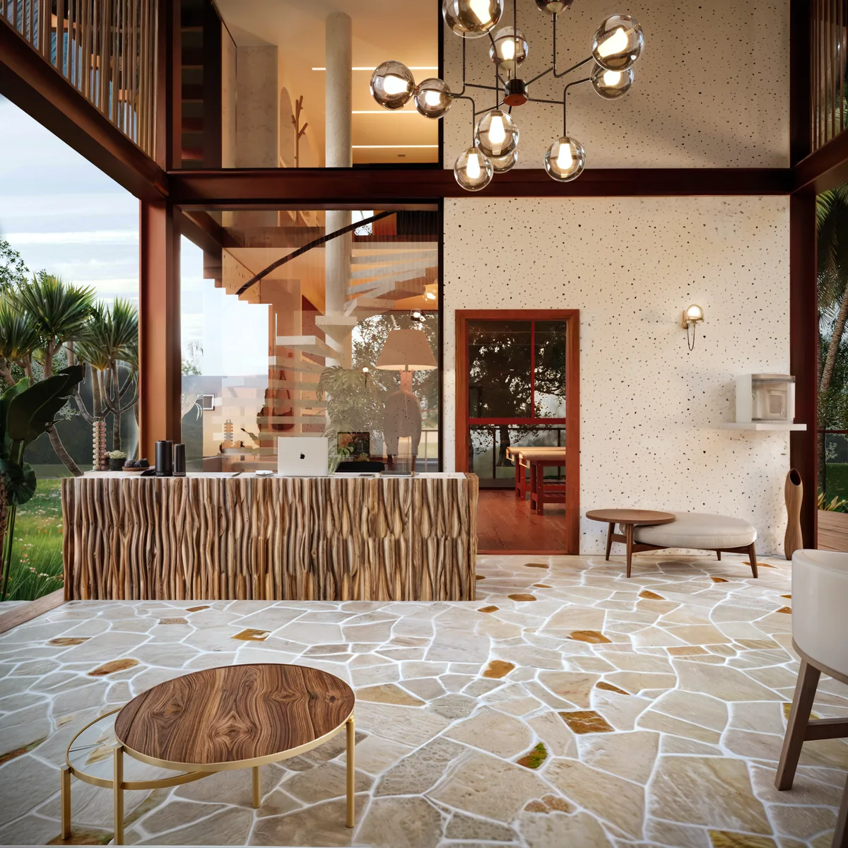 Soul Spa — Recepção e bar com balcão em tronco maciço