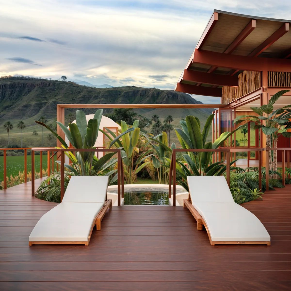 Soul Spa — deck superior com banheira de pedra voltada para a paisagem do Cerrado